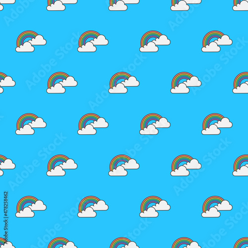 Rainbow With Clouds Seamless Pattern On A White Background. Weather Phenomena Theme Vector Illustration