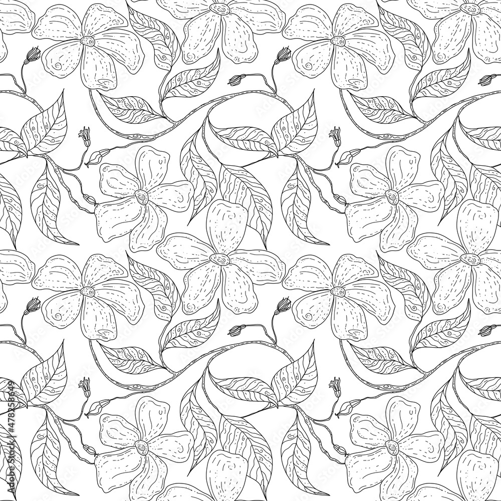 Seamless pattern with flowers. Seamless pattern with violets. Design for textile and wallpaper. Black and white drawing drawn by hand. On a white background Seamless pattern with flowers. Seamless pattern with violets. Design for textile and wallpaper. Black and white drawing drawn by hand. On a white background