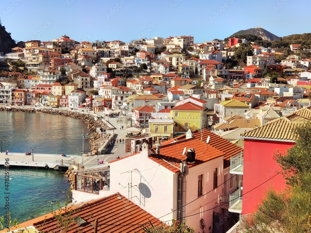 parga city greek tourist resort houses roofs sea , greece