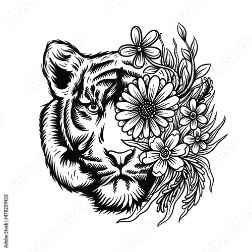 hand drawn tiger fce wih flower black and white
