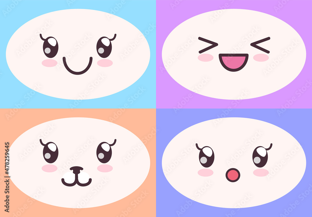 Kawaii cute faces on colorful backgrounds set. Manga style eyes and mouths. Funny cartoon japanese emotion in different face expressions. Anime characters and emotions. Eastern kawaii culture design Kawaii cute faces on colorful backgrounds set. Manga style eyes and mouths. Funny cartoon japanese emotion in different face expressions. Anime characters and emotions. Eastern kawaii culture design