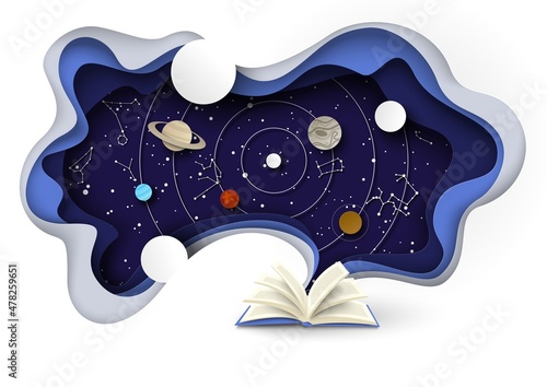 Open book with sky, planets, zodiac constellations, vector paper cut illustration. Astrology, horoscope predictions.