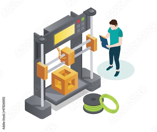 3D printer, vector isometric illustration. Additive manufacturing technology and prototype concept.