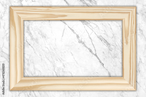 wooden frame on white marble wall texture background