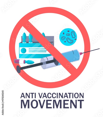 Anti vaccination movement sign, vector illustration. Anti vax protest, campaign, coronavirus covid-19 vaccine refusal.