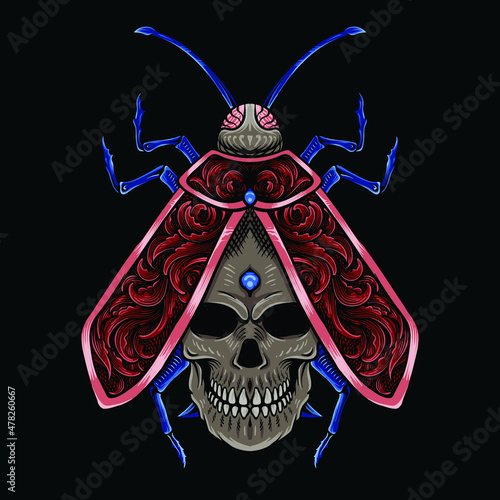 hand drawn red beetle with skull illustration