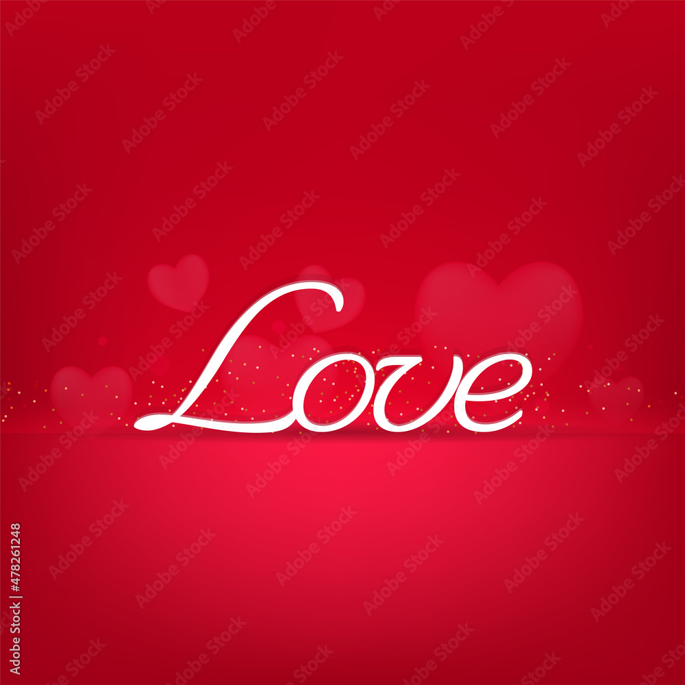 White Love Font With Golden Dots On Red Hearts Background. White Love Font With Golden Dots On Red Hearts Background.