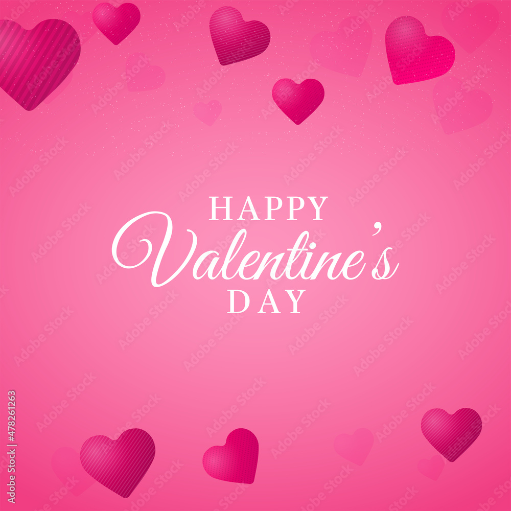 Happy Valentine's Day Font With Glossy Hearts Decorated On Pink Background.