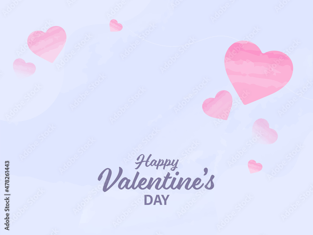 Happy Valentine's Day Font With Watercolor Effect Hearts On Blue Background.
