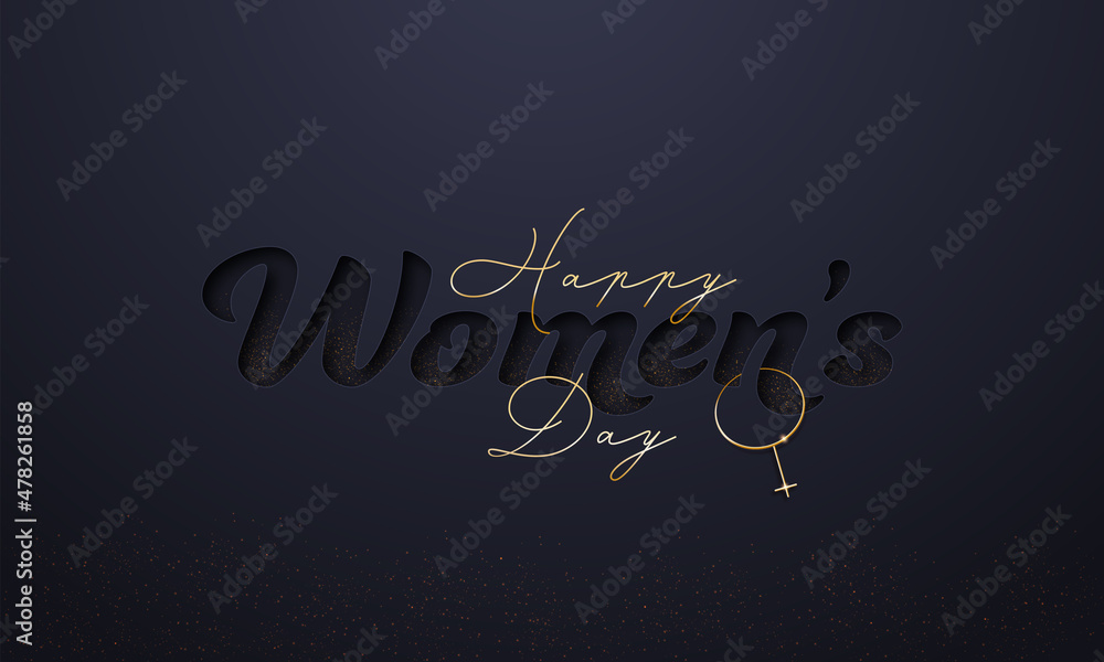 Happy Women's Day Font With Golden Female Gender Sign On Black Light Effect Background.