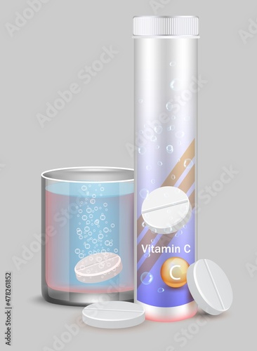 Plastic vitamin tube mockup, glass of water with fizzy pill, vector illustration. Effervescent soluble tablets.