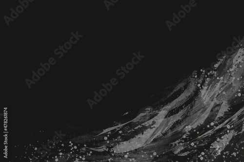 海や波のイメージの銀色のブラシストロークの抽象背景 黒背景 和風 筆 コピースペース グランジ
