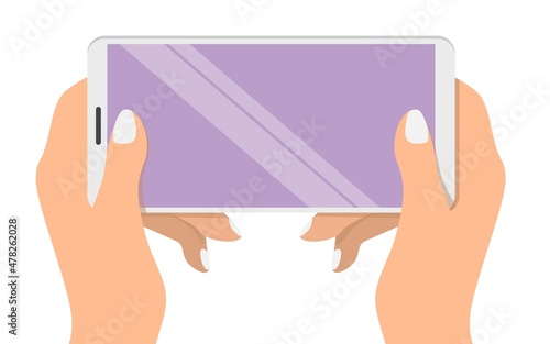Female hands holding smartphone, flat vector illustration. Hands interacting with mobile phone horizontal mockup.