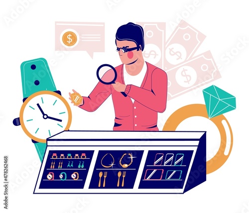 Pawn shop interior, pawnbroker appraising the value of expensive thing, flat vector illustration. Pawnshop services.