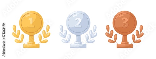 Gold, silver and bronze medals on stand. Metal awards with laurel branch. Trophies for first, second and third places. 1st, 2nd and 3rd prizes. Flat vector illustration isolated on white background
