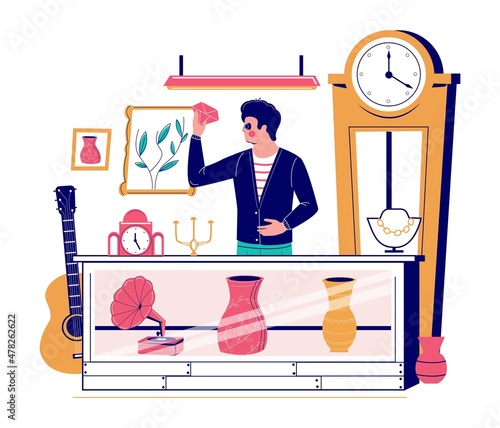 Pawn shop display counter, pawnbroker, jeweller looking at luxury diamond, vector illustration.