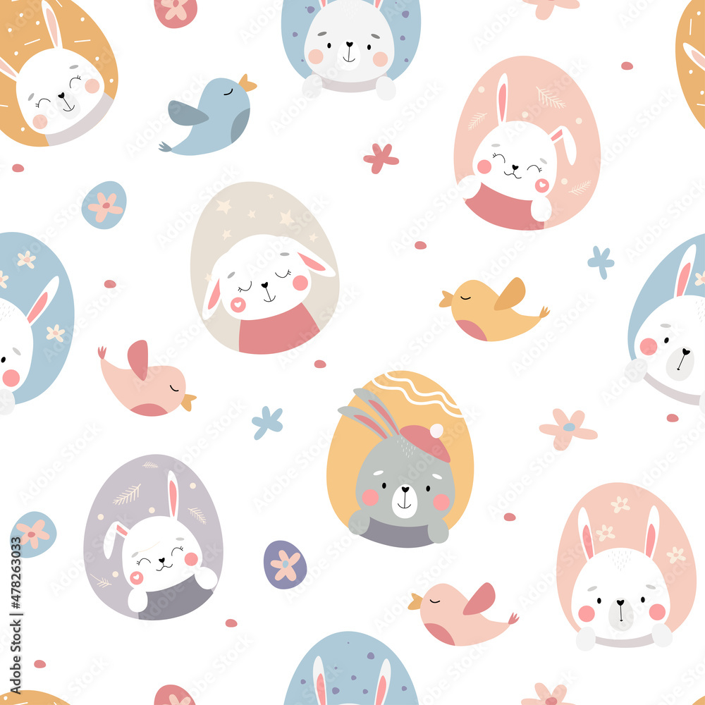 Seamless pattern with cute bunnies. Easter holiday print with rabbits, spring birds and eggs. Vector graphics. Seamless pattern with cute bunnies. Easter holiday print with rabbits, spring birds and eggs. Vector graphics.