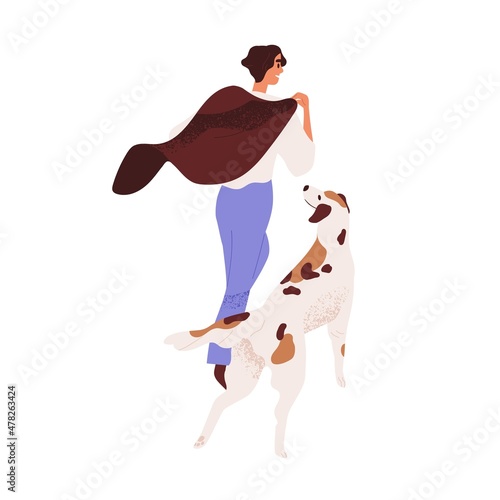 Person and dog walking. Happy man and doggy companion during stroll outdoors. Relaxed carefree pet owner and canine animal going away. Flat vector illustration isolated on white background