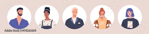 Diverse characters avatars set. Face portraits of users. Different men and women with positive emotions. Happy smiling young and elderly people heads in circles. Colored flat vector illustrations