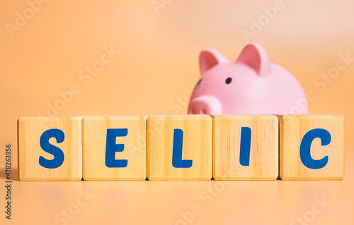 A palavra SELIC escrita em blocos de madeira com um cofrinho e algumas moedas na composição. Dinheiro, economia brasileira, Brasil. photo