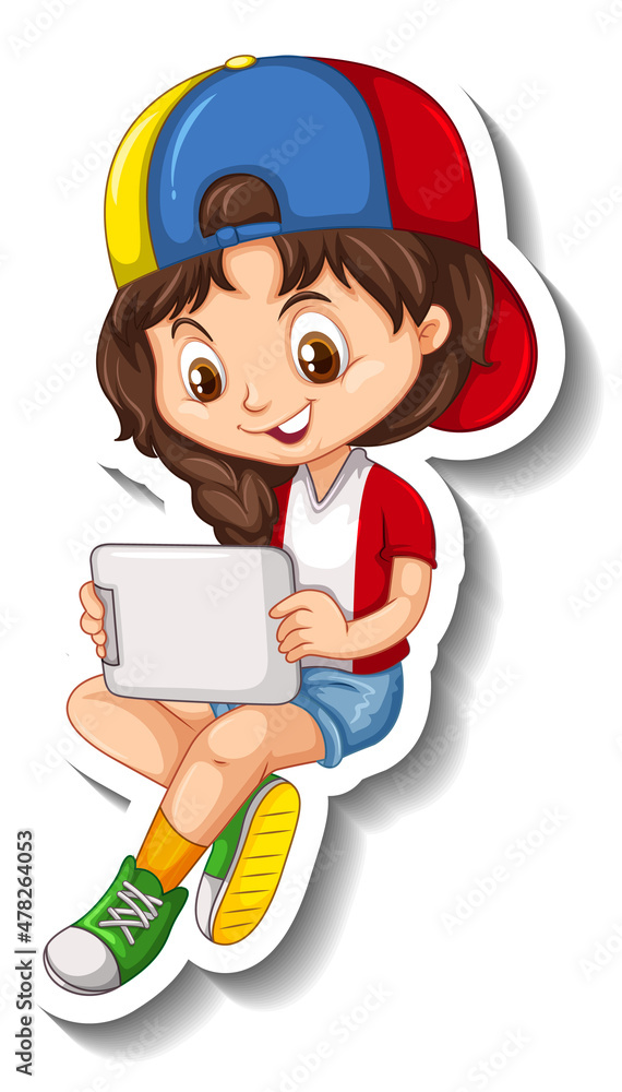 Cute girl watching on tablet cartoon character Cute girl watching on tablet cartoon character