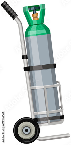 Transportation of gas cylinder, canister with fuel. Metal tank with liquefied compressed petroleum, propane on cart with wheels. Pressurized gas cylinder, storage with tap for substance release