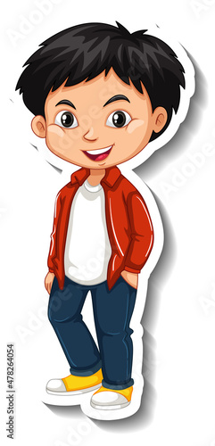 An asian boy wears red jacket cartoon character sticker