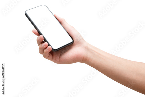 Woman hand hold cell phone isolated on white background.