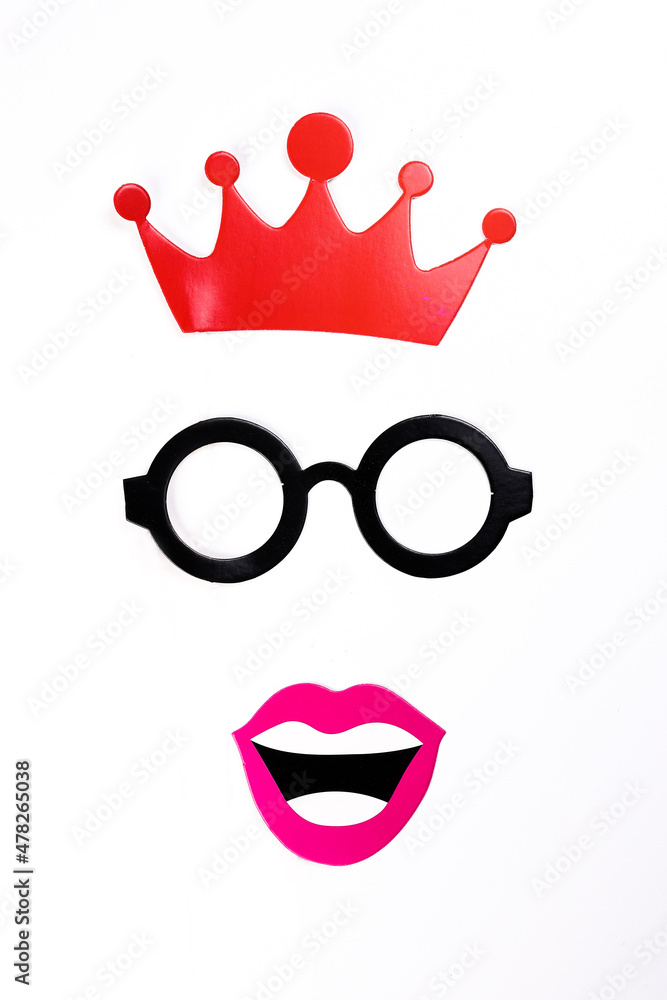 Red crown lips round eyewear spectacle frame shape paper face die cut selfie portrait party fun paper prop sticker stick on white background Red crown lips round eyewear spectacle frame shape paper face die cut selfie portrait party fun paper prop sticker stick on white background