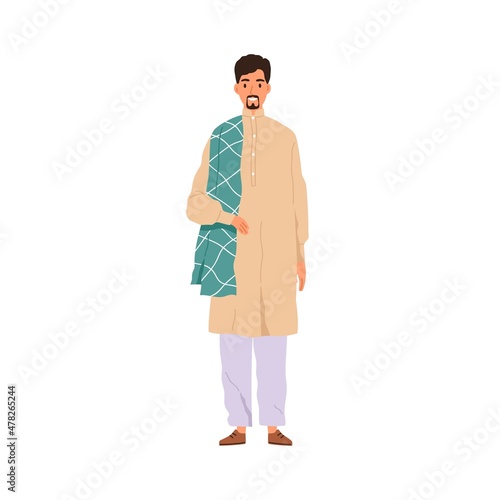 Arab man in traditional oriental outfit. Muslim person wearing eastern apparel. Happy Saudi Arabian portrait in modern tunic and trousers. Flat vector illustration isolated on white background