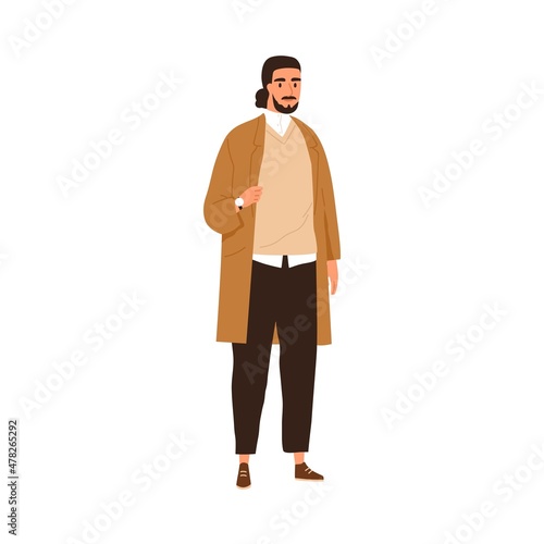 Modern Arab man in casual outfit. Oriental Muslim person wearing fashion clothes. Eastern Saudi Arabian male standing in stylish apparel. Flat vector illustration isolated on white background