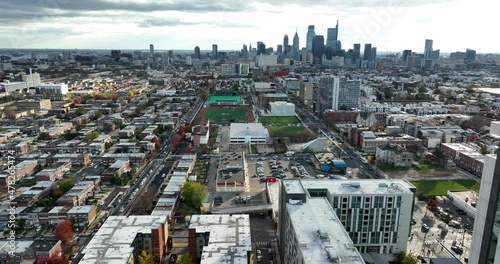 Aerial truck shot from Temple University looking at Center City Philly skyline. Neighborhoods in North Philadelphia. photo