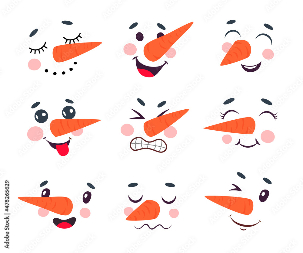 Faces of cute snowman cartoon character vector illustrations set. Comic  character with carrot for nose isolated on white background. Winter  holidays concept for greeting card or Christmas decorations Stock Vector |  Adobe