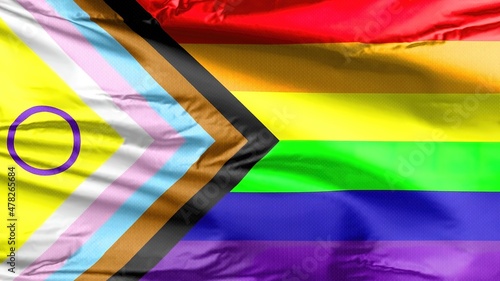 LGBT Rainbow Flag with inclusion and progression colours. Symbol of Intersex Inclusive, lesbian, gay, bisexual and transgender community. Marginalized LGBT Black and brown. 