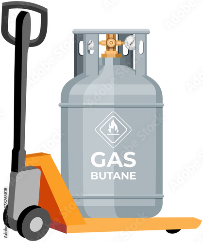 Gas cylinder, canister with fuel, storage. Balloon with flammable sign on transportation equipment. Metal tank with liquefied compressed butane. Pressurized gas cylinder on stacker, forklift