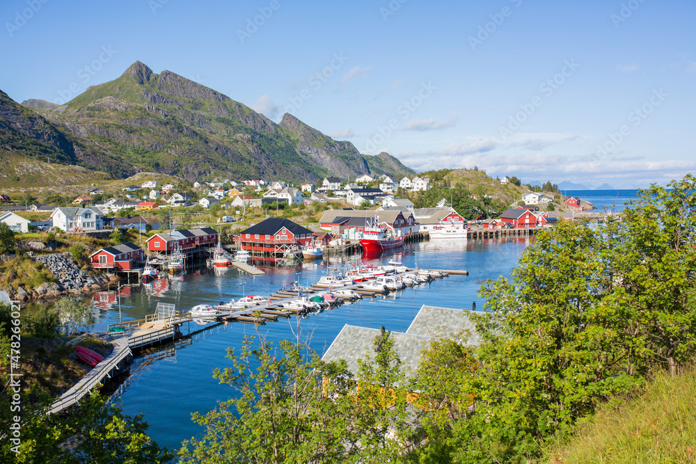 Beautiful Sorvagen village in nothern Norway, southwest Lofoten, village with typical wooden red cabins