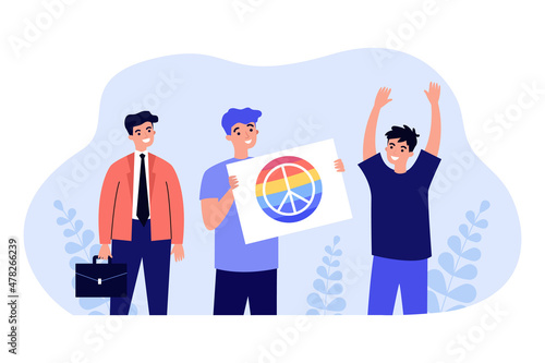 Diverse group of people holding rainbow peace sign. Community of people on gay parade flat vector illustration. Diversity, LGBTQ, freedom concept for banner, website design or landing web page