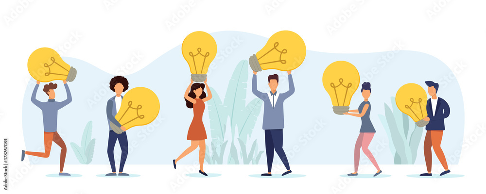 People share business ideas, meet, work together. Light bulb concept - ideas. Flat style. Vector illustration.