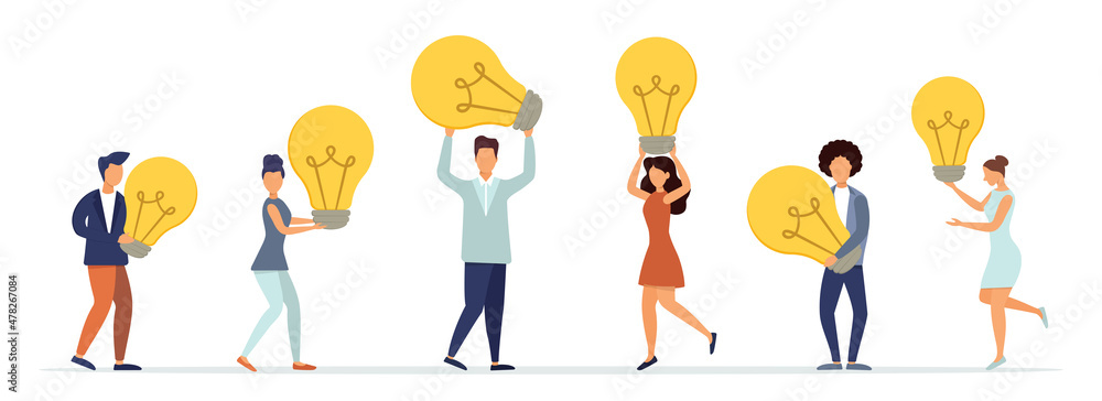 People share business ideas, meet, work together. Light bulb concept - ideas. Flat style. Vector illustration.