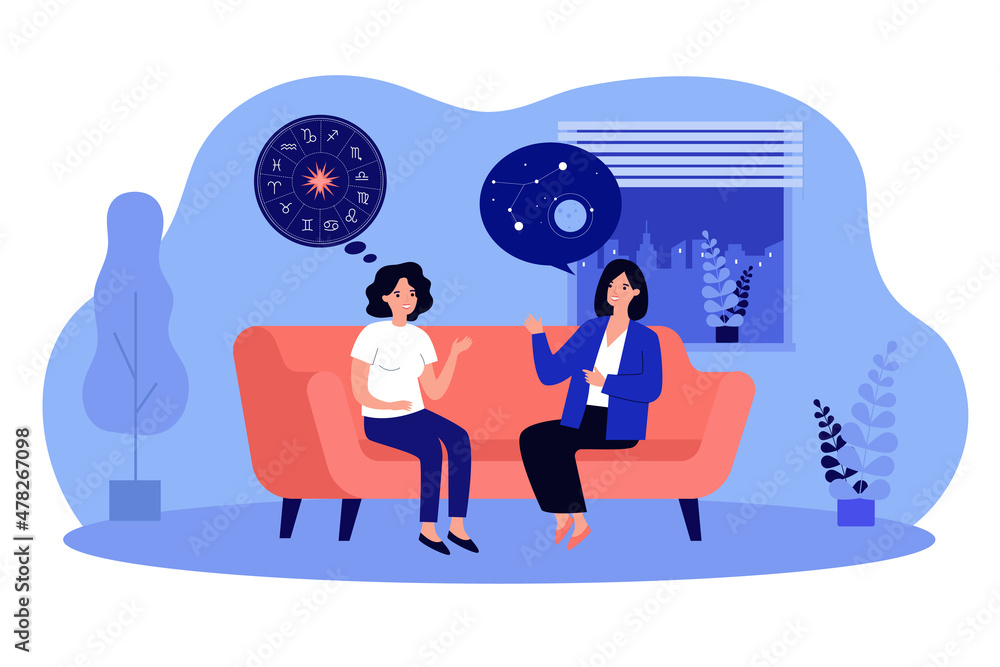 Women talking about horoscope and constellations in sky. Persons studying astronomy and astrology flat vector illustration. Science and esoterics concept for banner, website design or landing web page Women talking about horoscope and constellations in sky. Persons studying astronomy and astrology flat vector illustration. Science and esoterics concept for banner, website design or landing web page