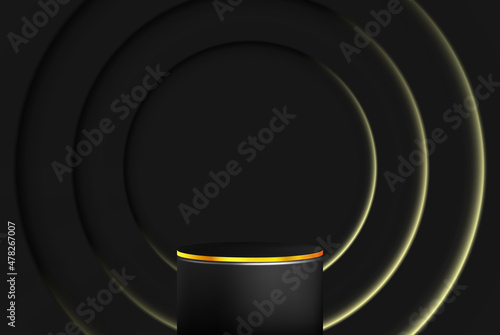 3D abstract studio with a pedestal or podium. Black and gold geometric platform. Luxurious stage for the demonstration of cosmetic products, showcase, advertising display.
