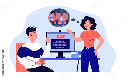 Couple booking tickets for movie via online app. Selection of seats for film by people flat vector illustration. Entertainment, cinema theatre concept for banner, website design or landing web page