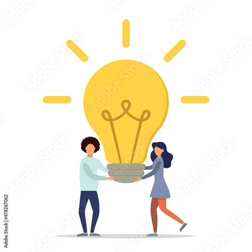 Business idea, joint meeting, knowledge exchange, teamwork. Idea lamp concept. Flat style - stock vector.