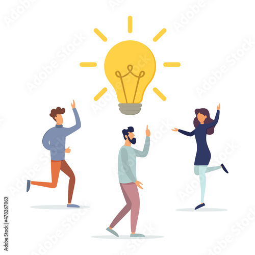Business idea, joint meeting, knowledge exchange, teamwork. Idea lamp concept. Flat style - stock vector.