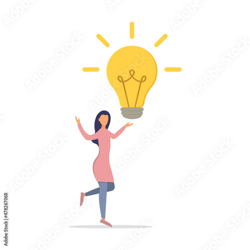 Business idea, knowledge exchange, successful work. Woman with a light bulb. Idea lamp concept. Flat style - stock vector.