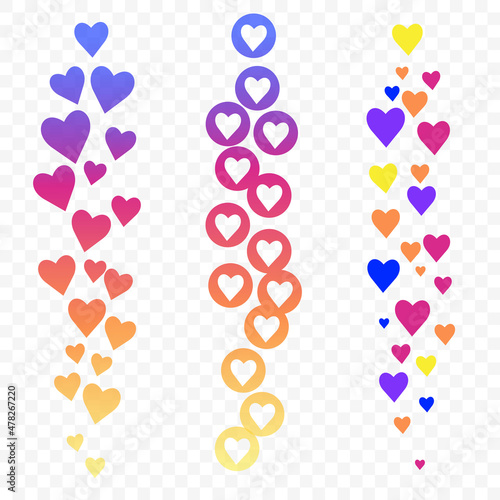 Flying hearts on transparent background. Love likes emotions for social media. Positive reaction and feedback. Vector set