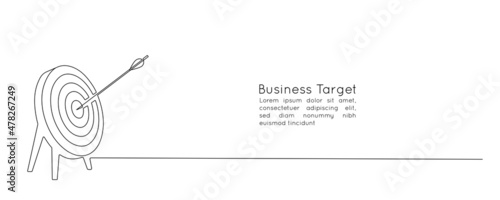 Continuous one line drawing of arrow in center of target. Strategic marketing or business concept with board and shot bullseye in simple Linear style. Editable stroke. Doodle vector illustration