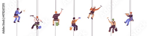 Industrial alpinists set. Workers suspended on ropes, hanging on harness. Professional climbers with equipment and tools work at height. Flat vector illustrations isolated on white background