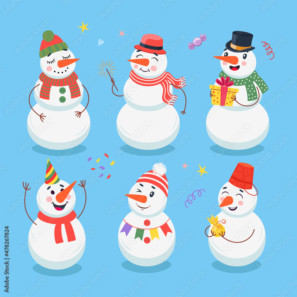 Cute snowman cartoon characters vector illustrations set. Happy comic snowmen in hats and scarves, gift box, New Year or Christmas decorations isolated on blue background. Winter, holidays concept
