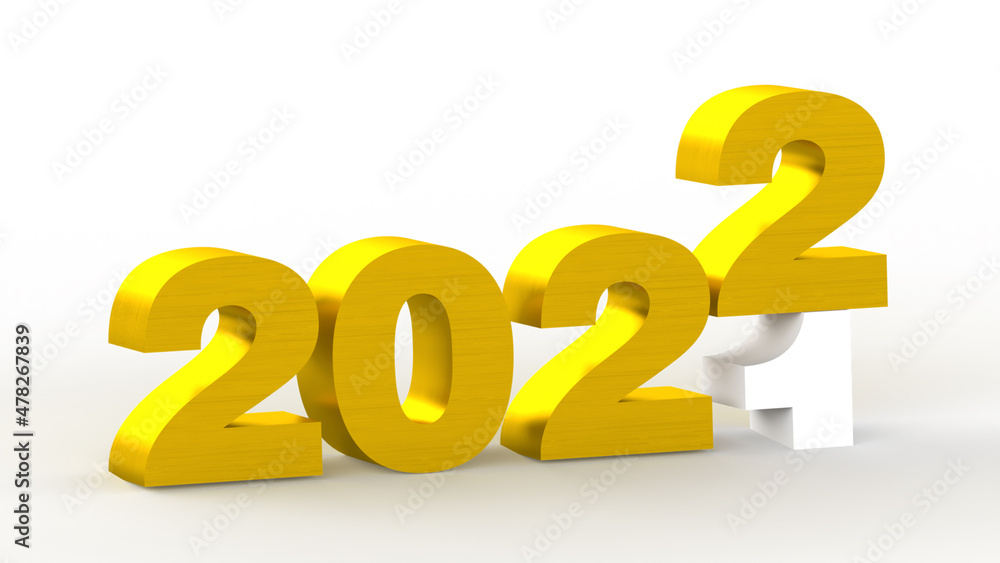 New Year 2022 with the concept of change from 2021 to 2022, three-dimensional rendering, 3D illustration, the 3D symbol of New Year in gold color with reflection mirror effect, Isolated background New Year 2022 with the concept of change from 2021 to 2022, three-dimensional rendering, 3D illustration, the 3D symbol of New Year in gold color with reflection mirror effect, Isolated background